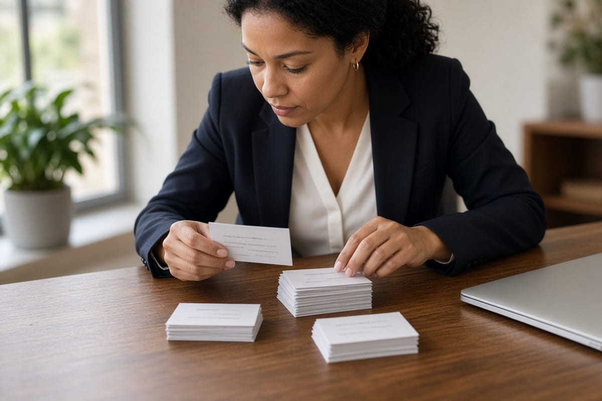 HR specialist sorting employee message cards by life stage at a desk