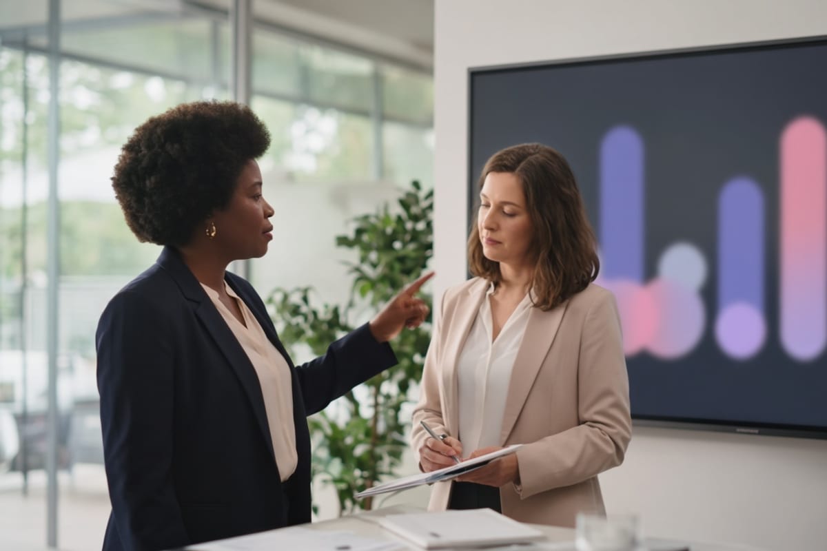 HR leaders reviewing benefits communication results on a conference-room screen