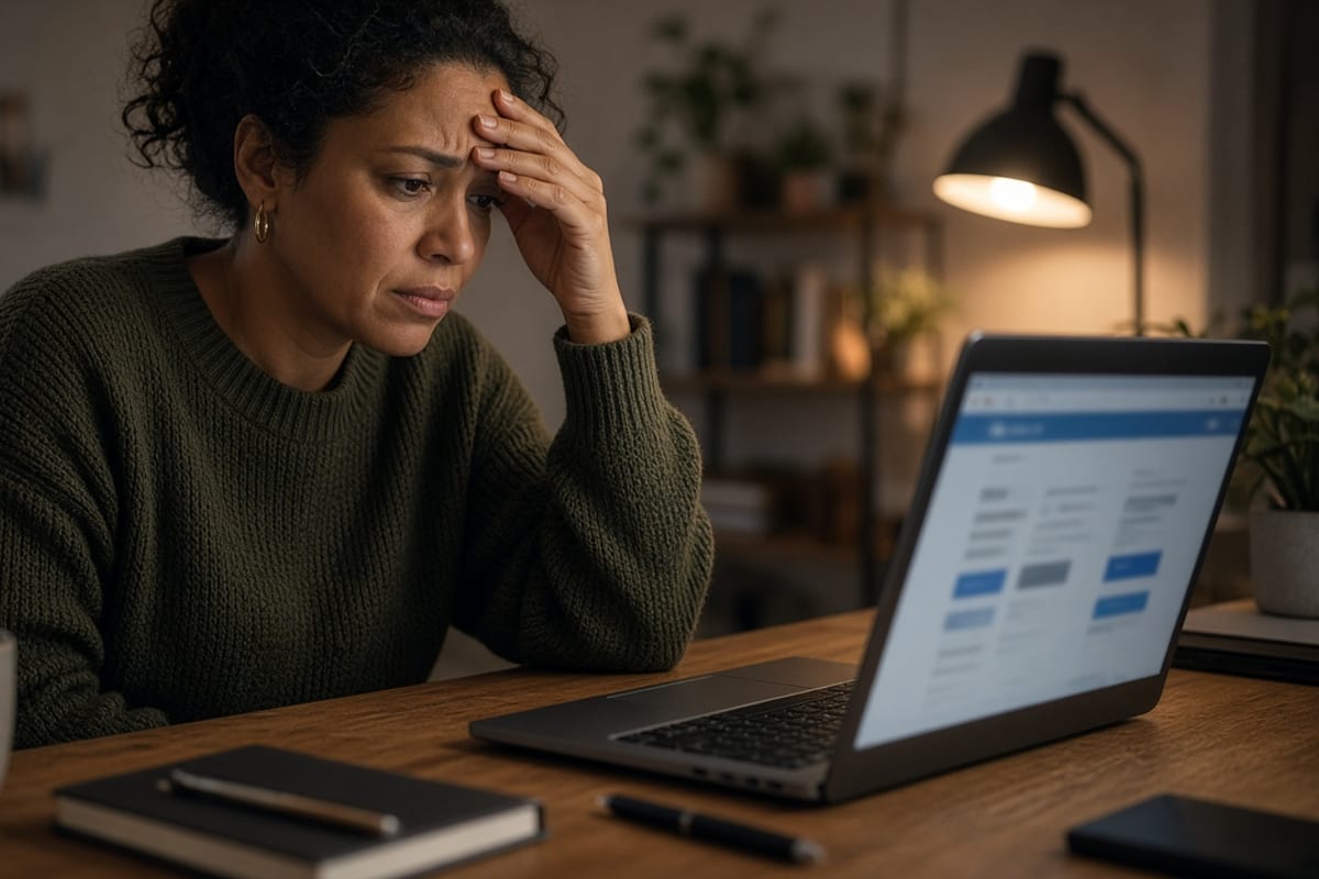 Employee struggling with a confusing benefits portal on a laptop at home