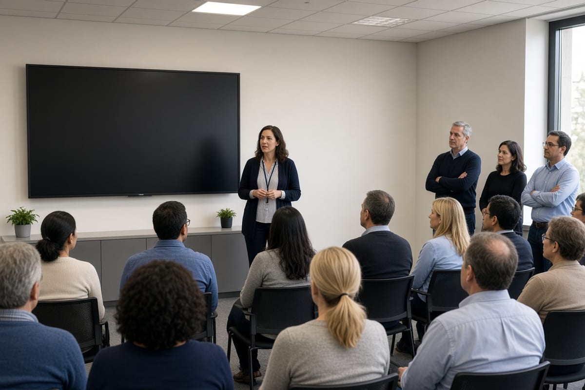 Employees seated and standing in a company room for a benefits meeting