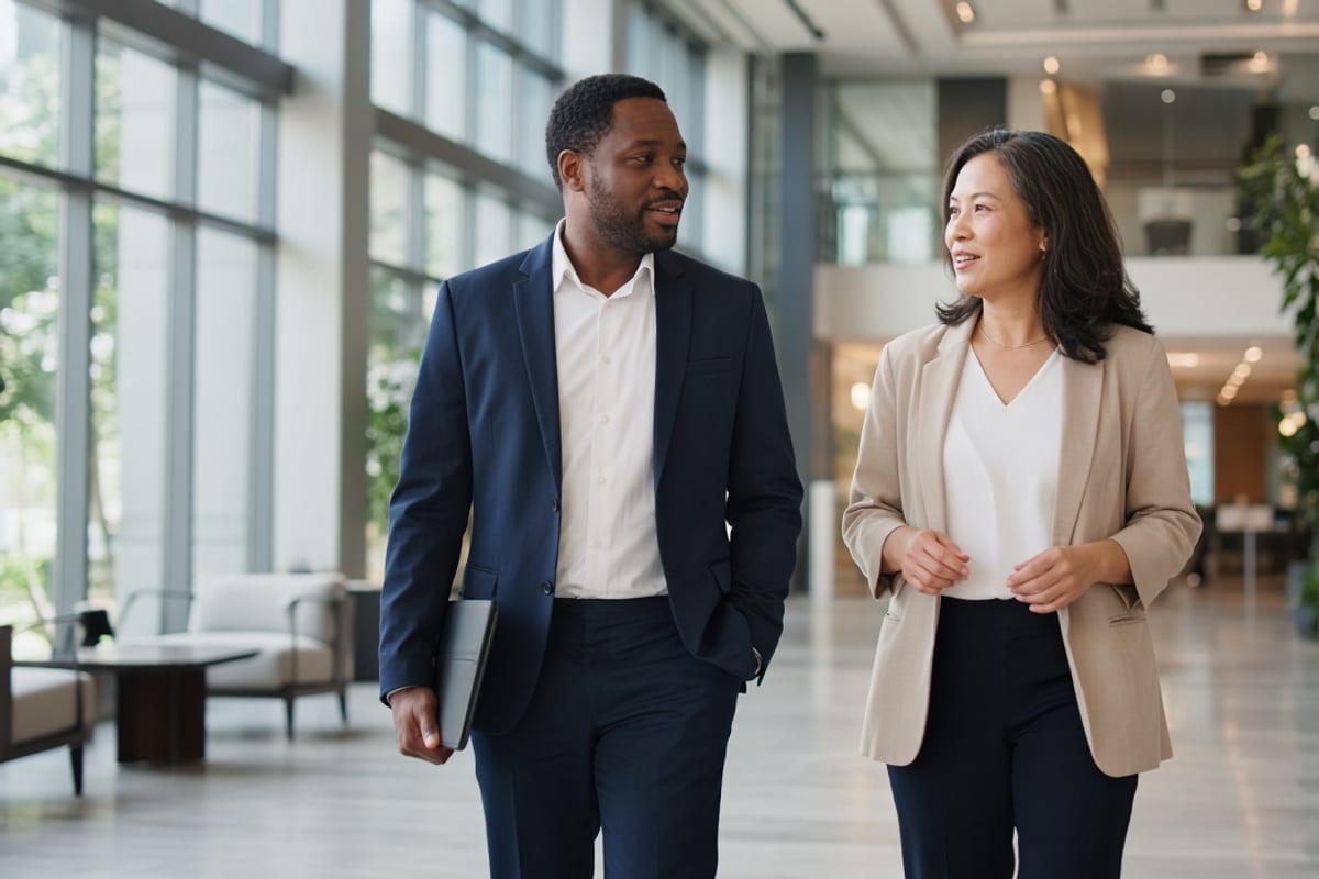Benefits broker talking with a client while walking through an office lobby