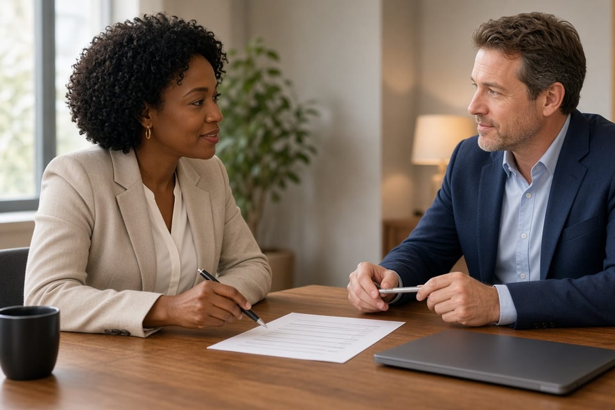 Broker and client reviewing a renewal communication checklist