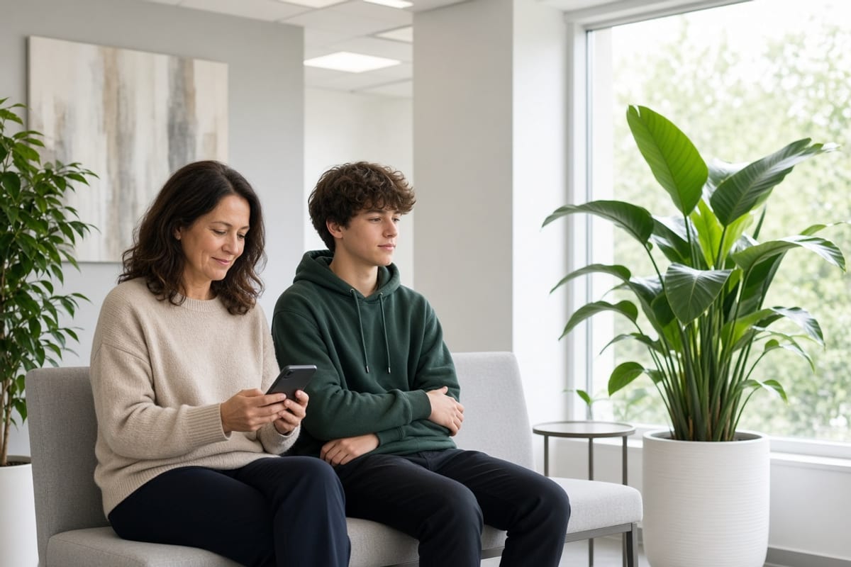 Parent and teenager in a bright dental office waiting area looking at a phone