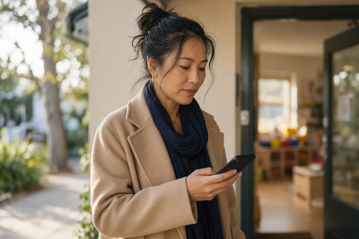 Parent checking a dependent care FSA reminder after daycare drop-off