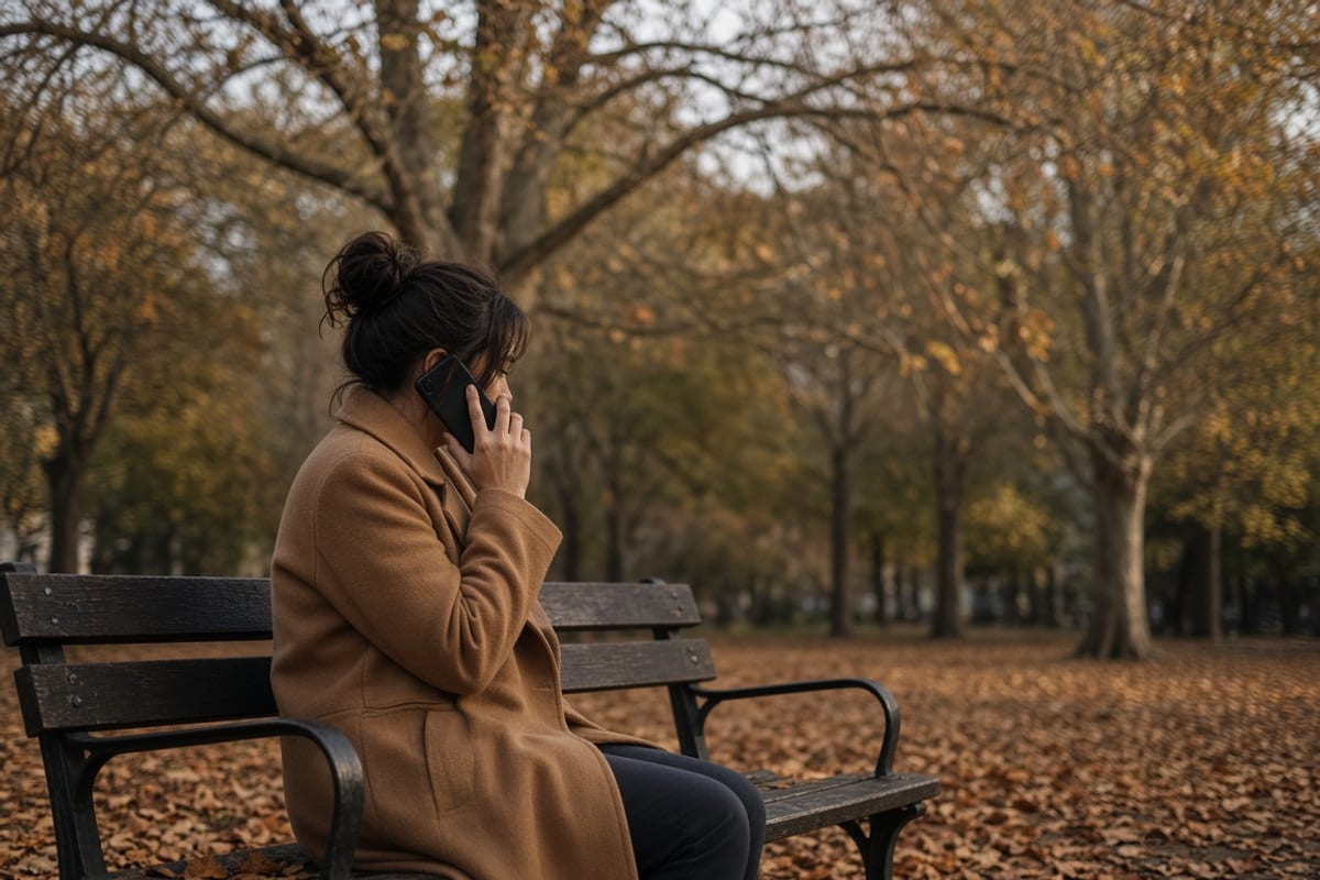 Person on a park bench in autumn making a private phone call