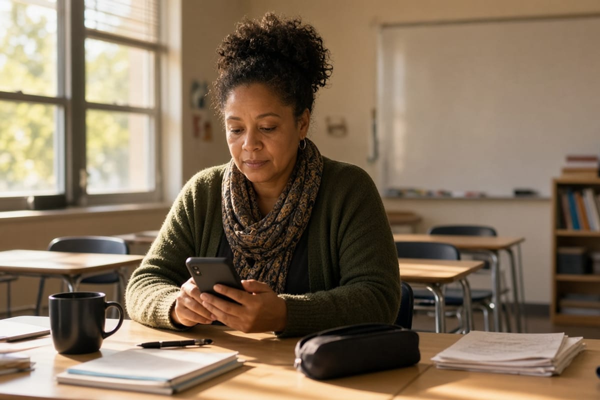 Teacher reading a benefits message on a phone after school