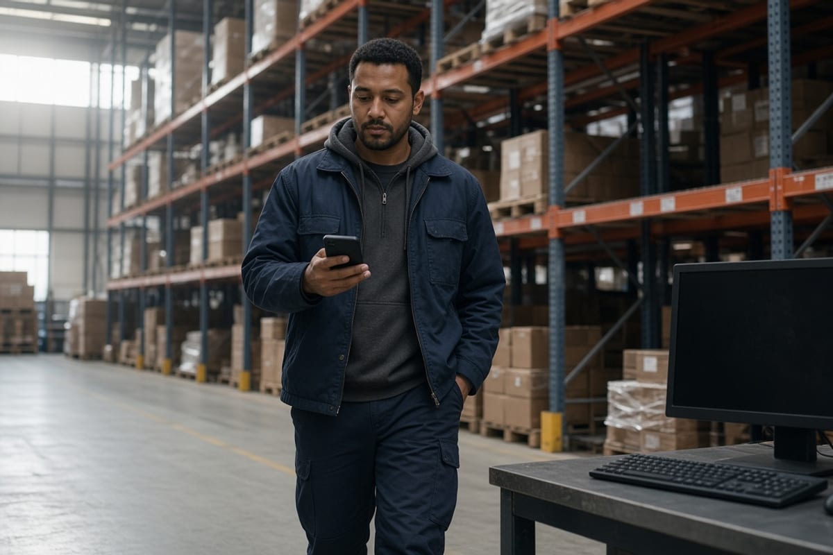 Warehouse worker passing an unused desktop while checking a personal phone