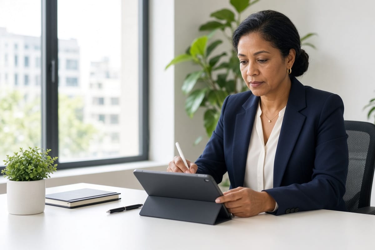 HR director completing a benefits communication scorecard on a tablet