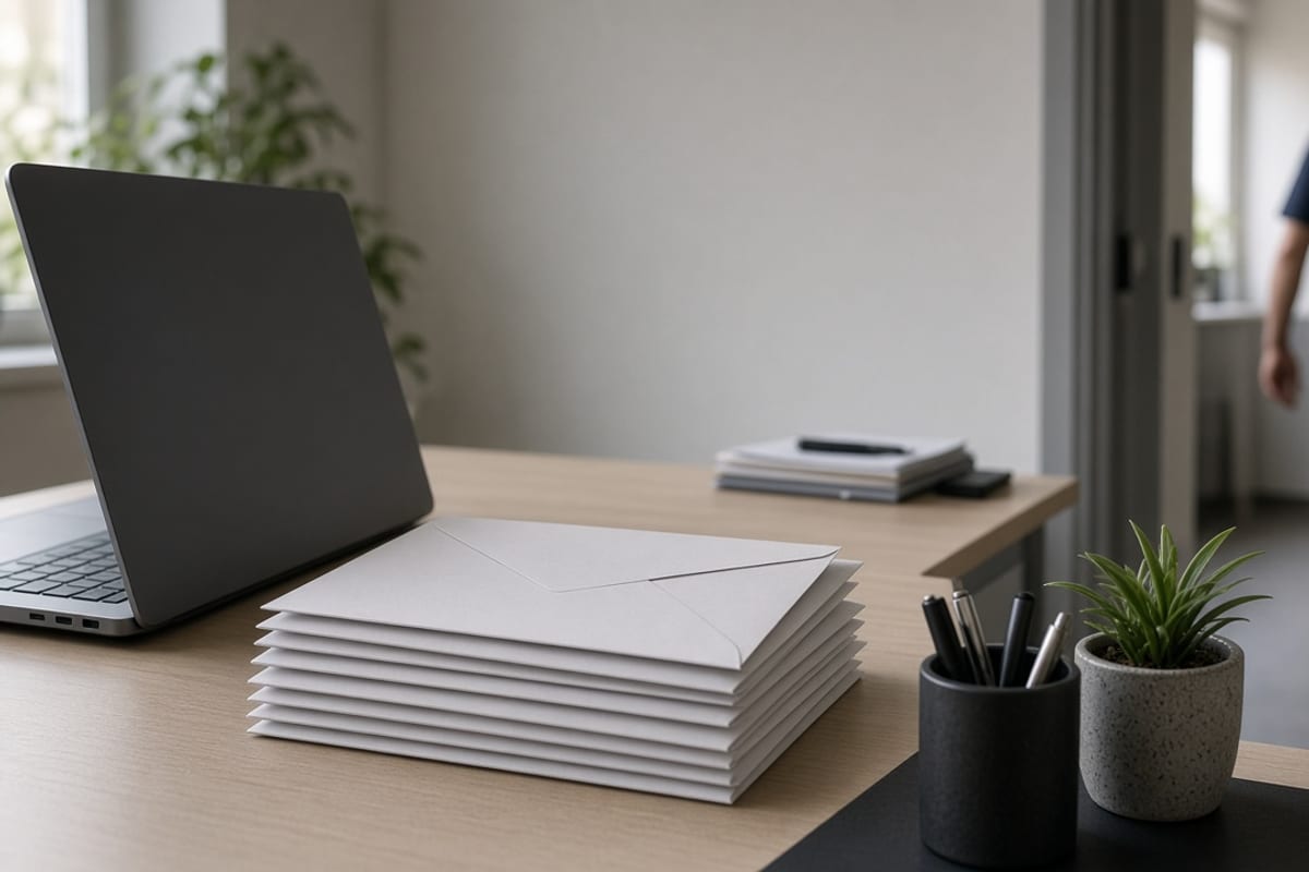Sealed benefits notice envelopes on an HR desk with a frontline worker nearby