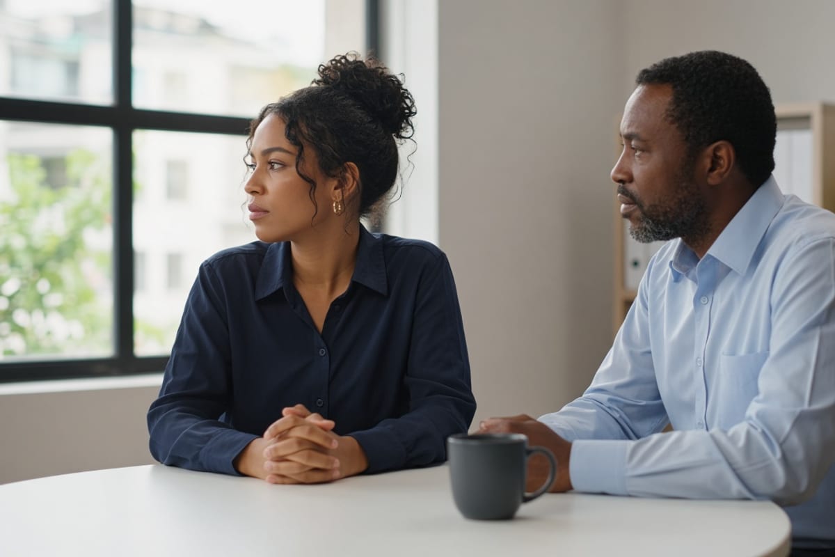 Employee looking away during a one-on-one conversation with a manager