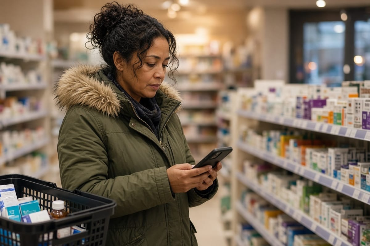 Parent in a pharmacy checking a December FSA reminder on a phone