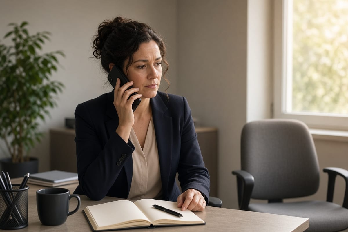 HR manager on a phone call at a desk with a notebook during a benefits question