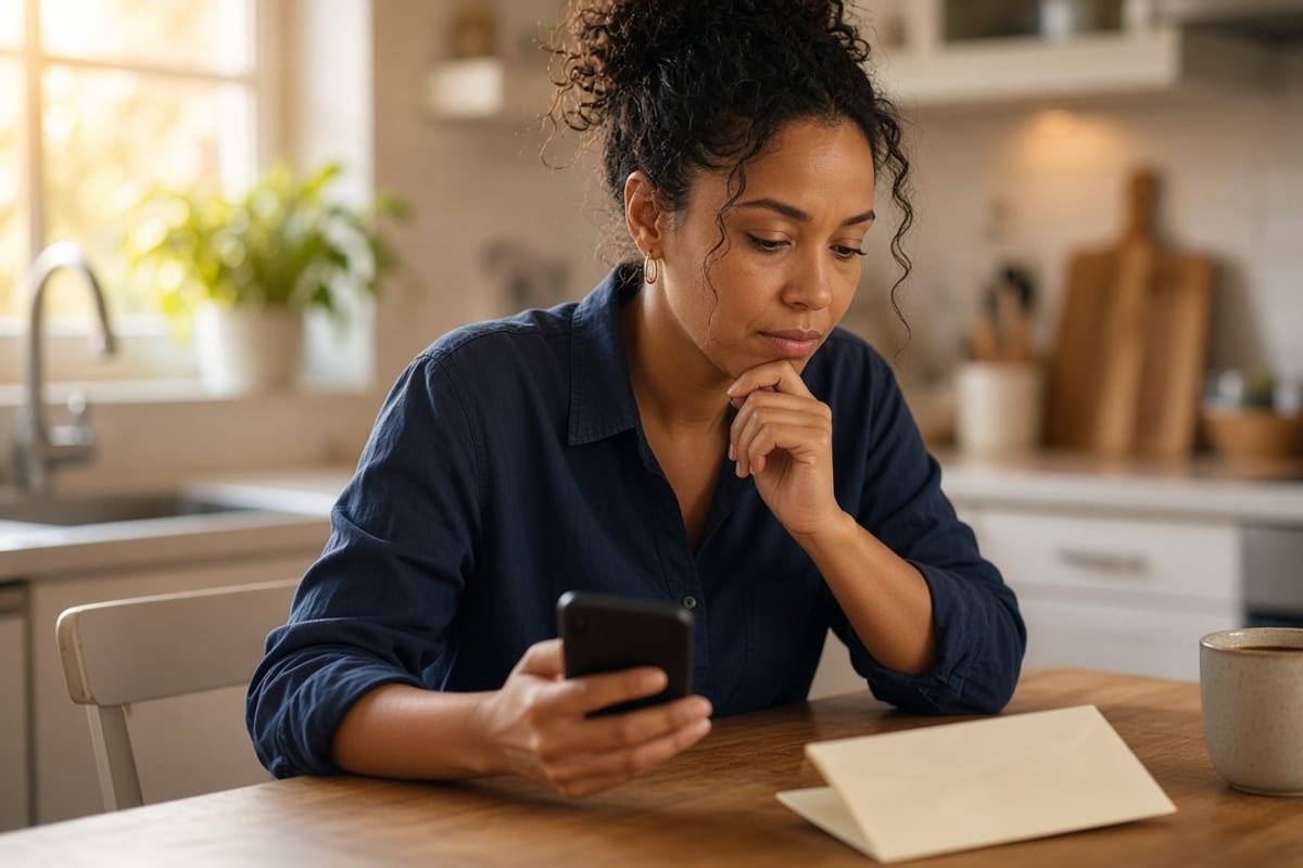Employee at a kitchen table deciding an HSA contribution beside a paycheck envelope