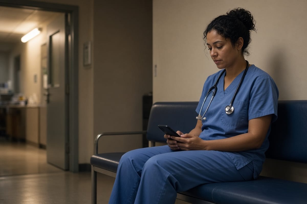 Nurse on a night-shift break reading a benefits message on a phone
