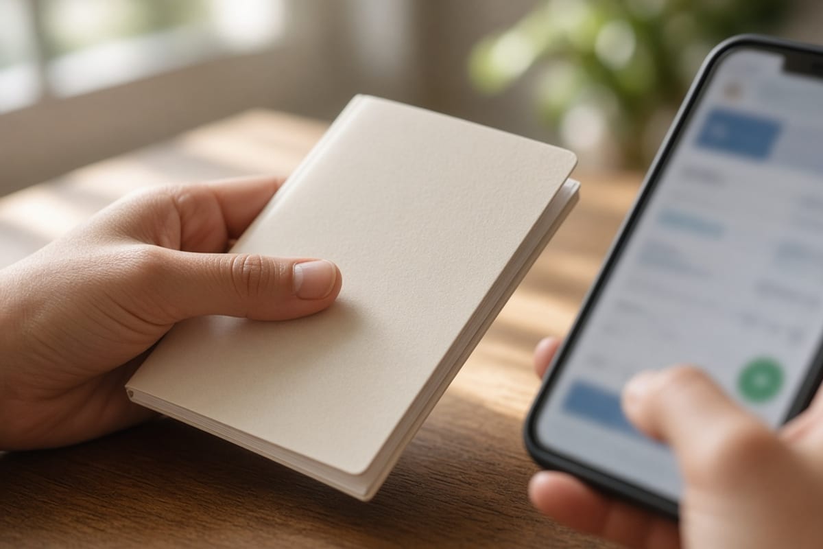 Hands comparing a benefits booklet and a phone while an HSA stays unfunded