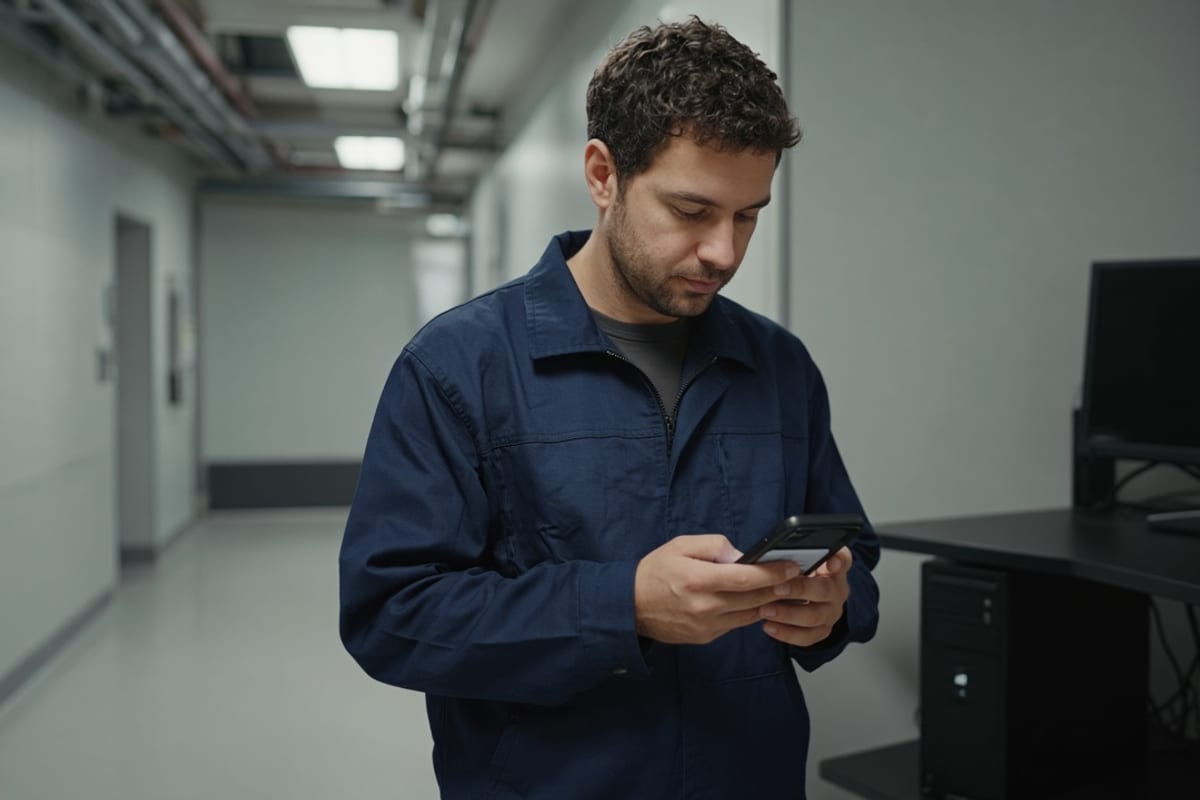 Frontline worker opening a mobile benefits page beside a dark desktop