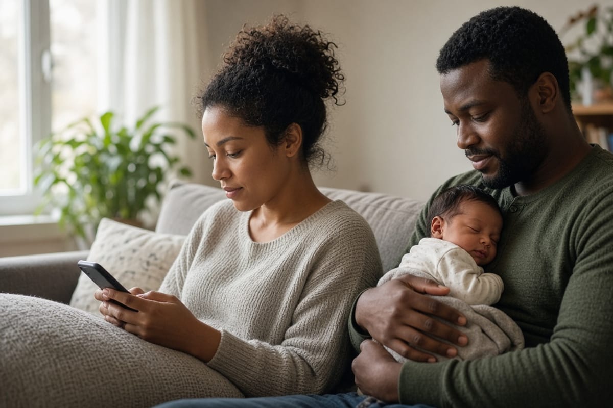 New parents at home reading a life-event benefits message