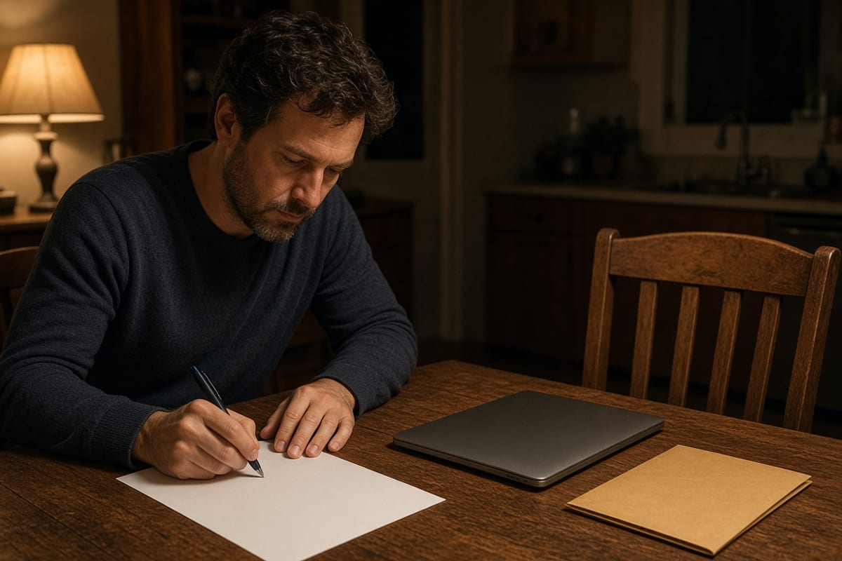 Man at a kitchen table at night writing on a sheet of paper beside a closed laptop