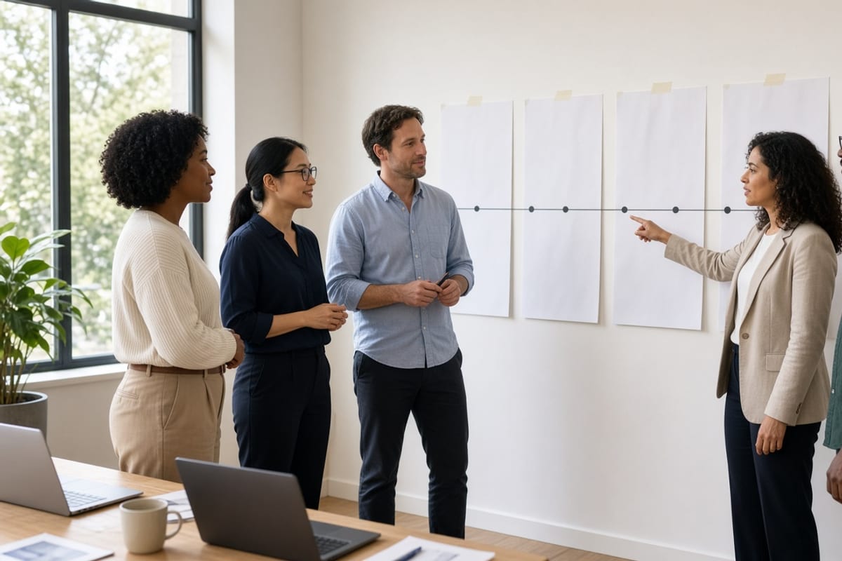 HR and consultants planning a communication launch on a wall timeline