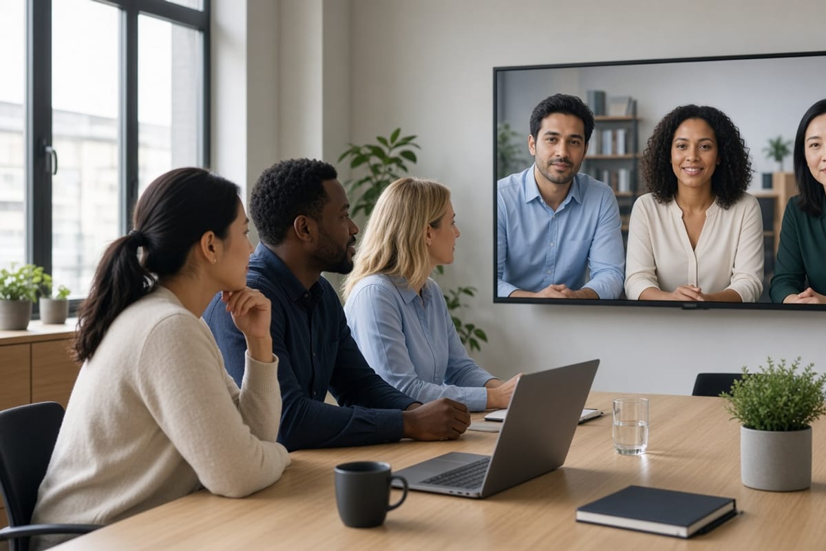 Two workplace teams joining one video meeting about separate benefit plans