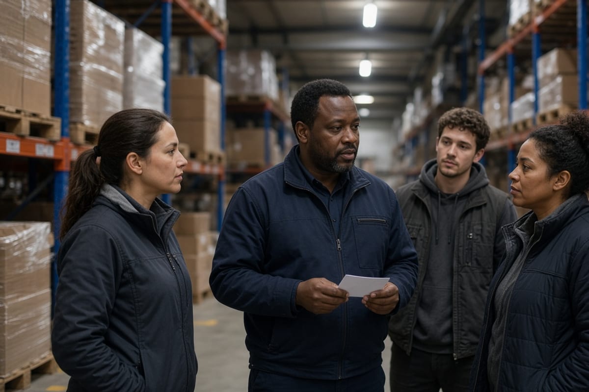 Supervisor briefing a warehouse crew with a one-page benefits card