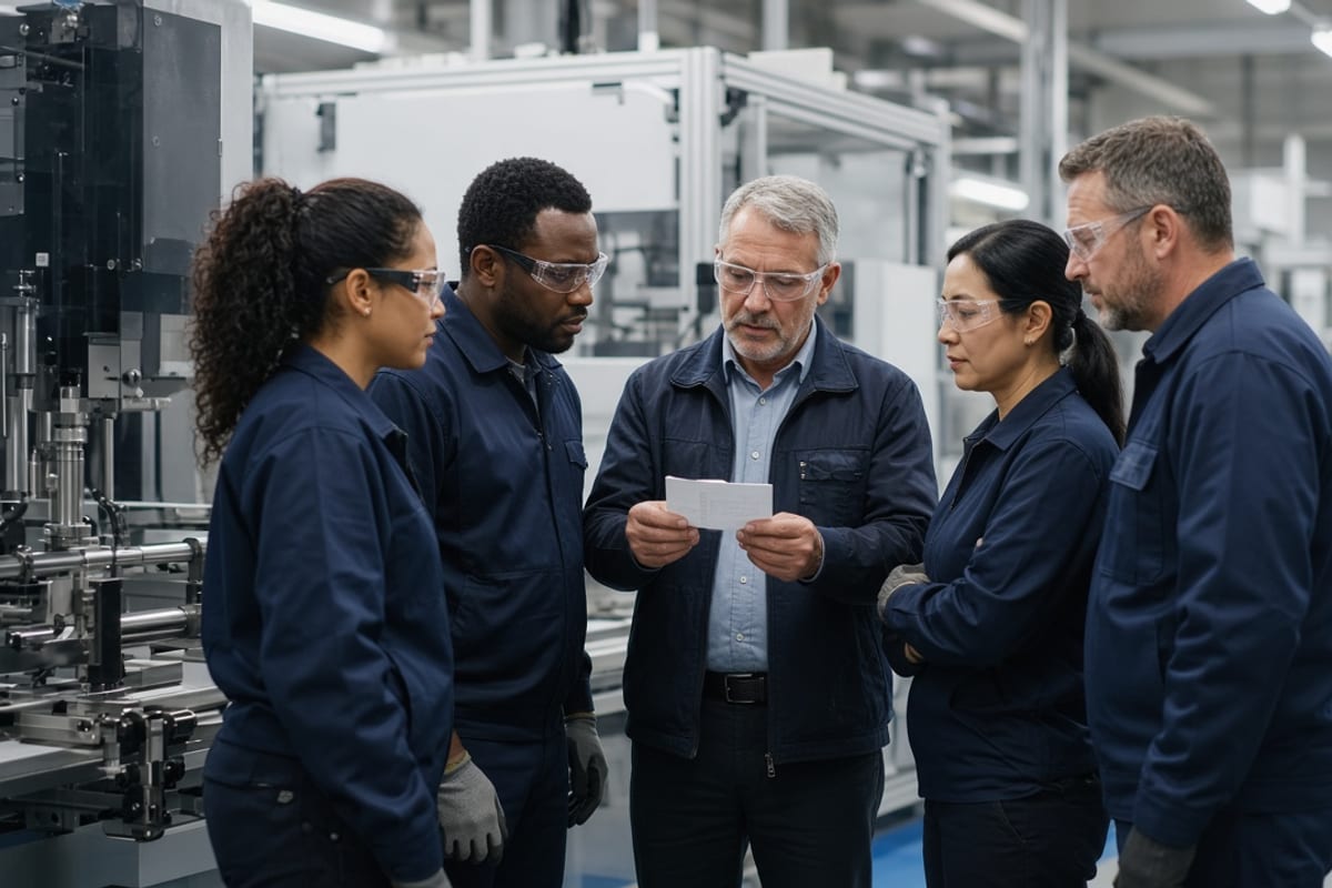 Manufacturing shift crew in a huddle getting a benefits briefing