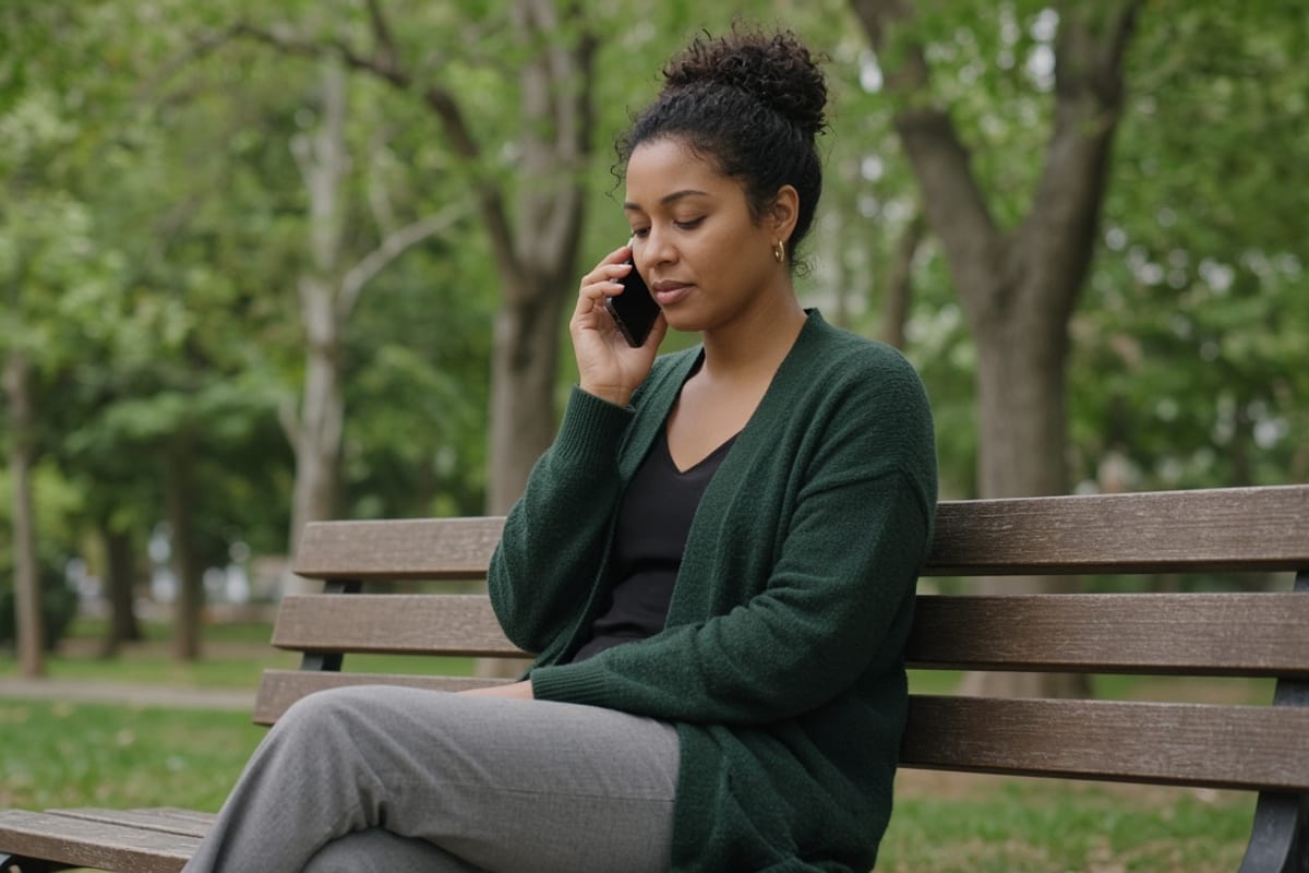 Employee on a park bench calling a mental health benefit line