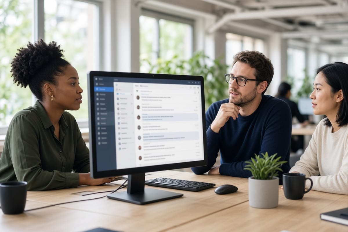 Desk employees reading a benefits note in a team chat