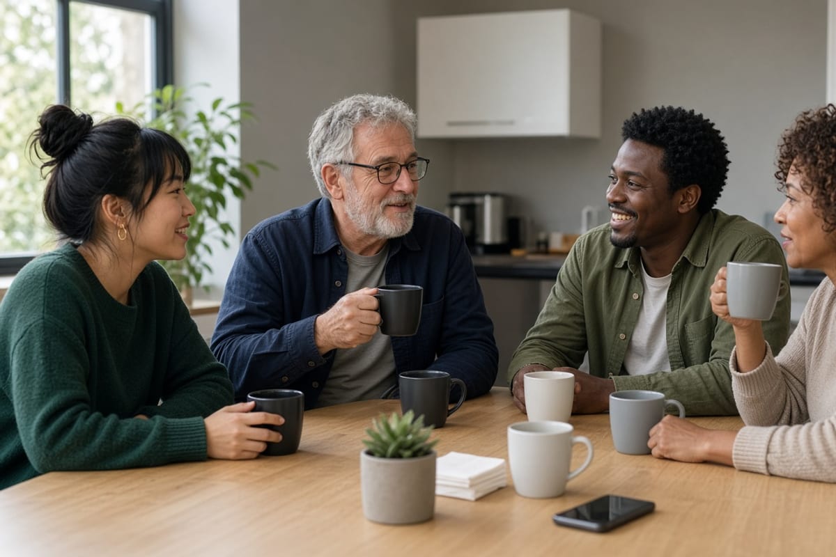 Coworkers of different ages talking in a workplace break room