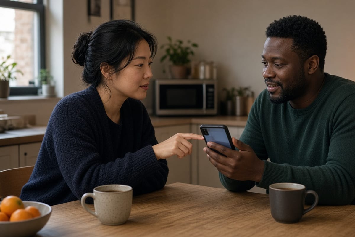 Two coworkers in a break room looking at a benefits page on a phone