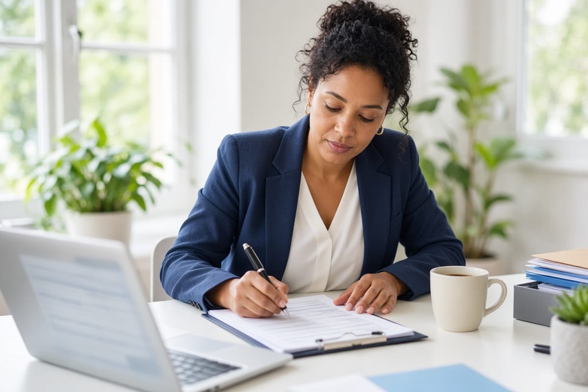 HR coordinator working through an open enrollment checklist at a desk