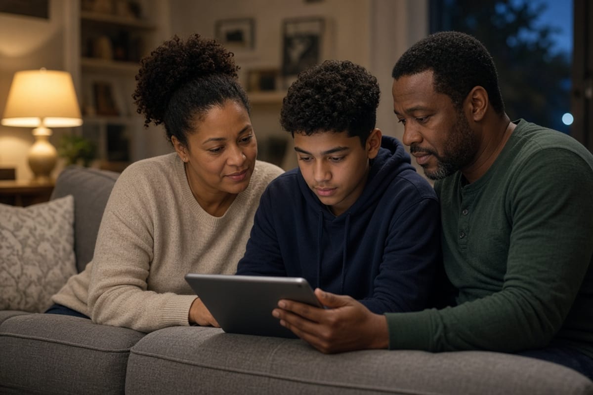 Family comparing health plan options together on a tablet at home