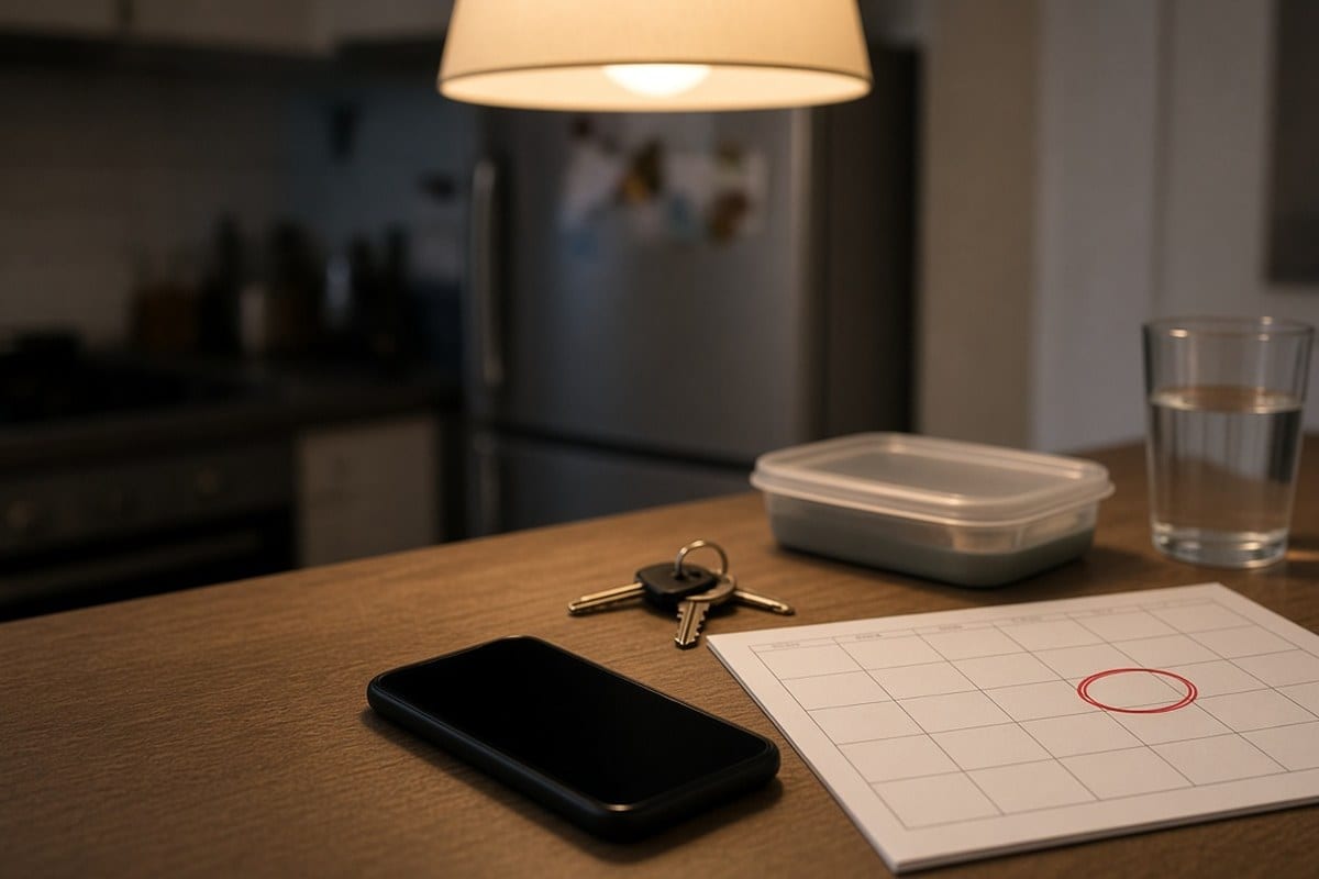 A kitchen counter at night under a warm pendant light with a dark smartphone, a set of keys, a plastic food container, a glass of water, and a paper calendar grid with one square circled in red, a refrigerator blurred behind.