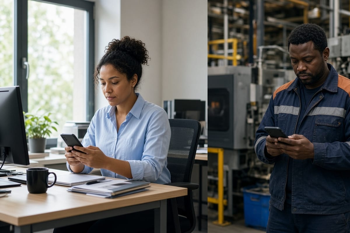 Office employee and plant worker both reading a benefits message on their phones
