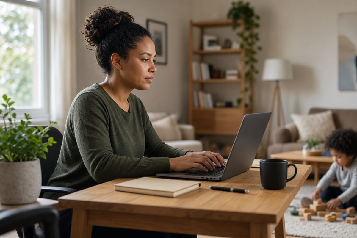 Hybrid employee reading benefits information from a home desk