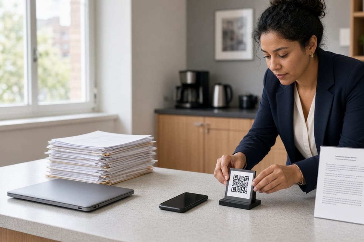 HR setting a phone-friendly benefits notice in a break room