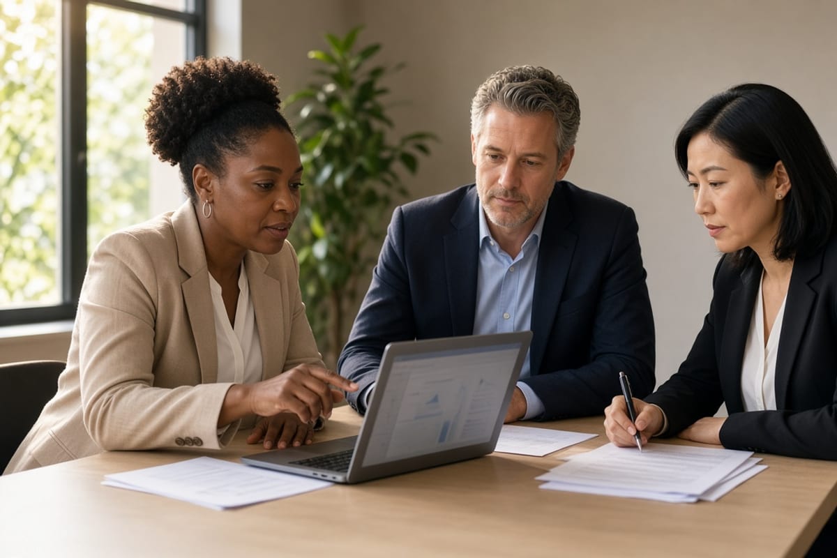 HR walking leadership through open enrollment results on a laptop