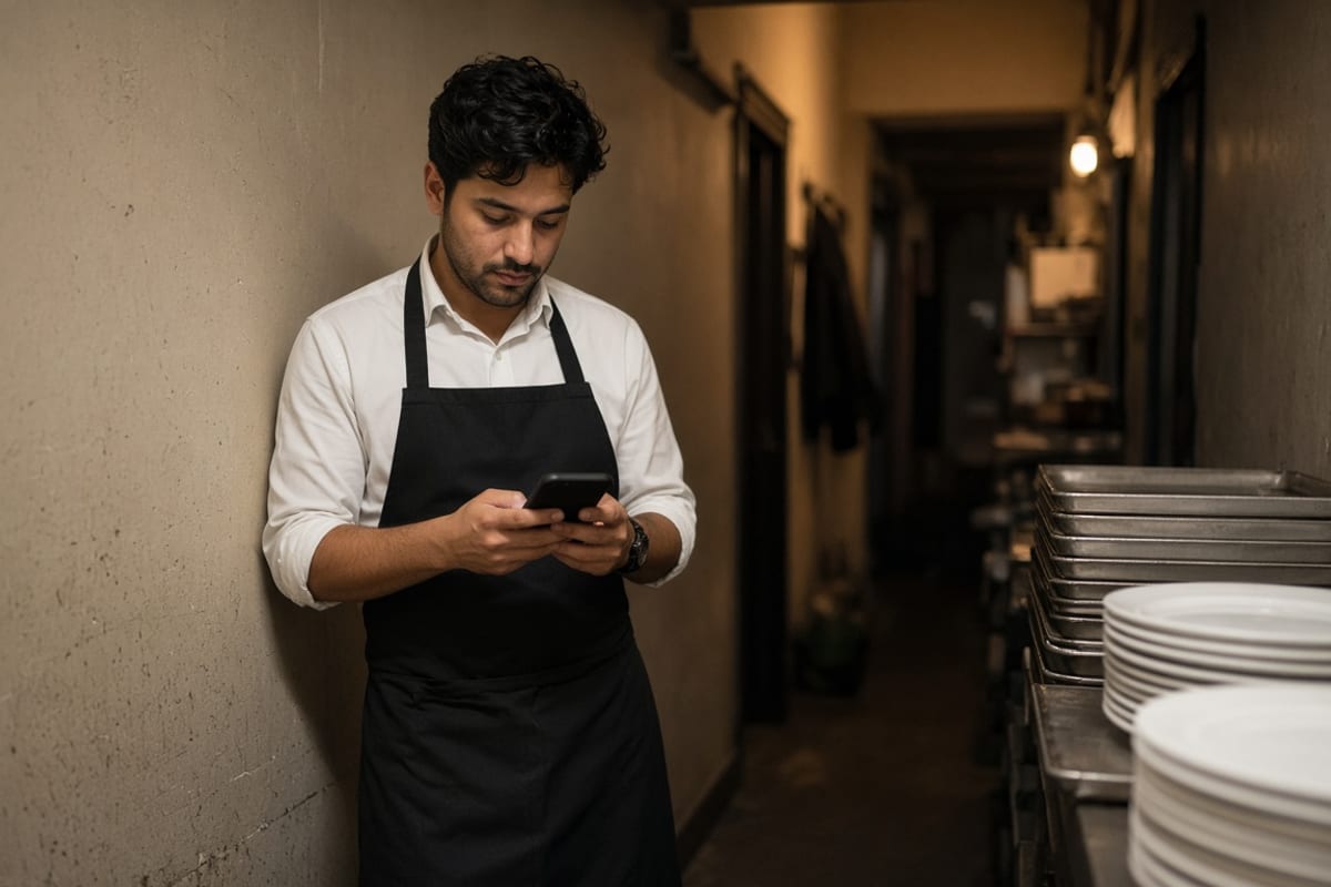 Restaurant server on a break in a back hallway checking a phone