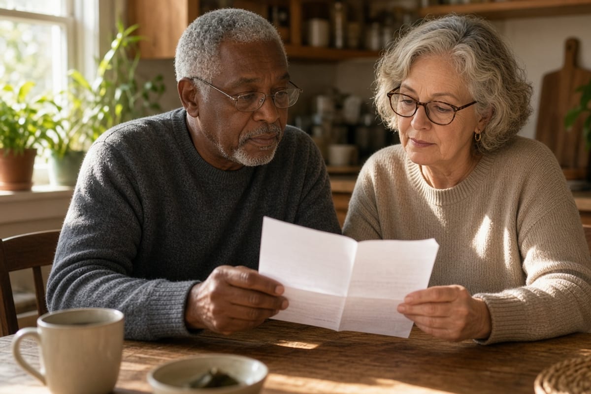 Older couple reviewing a retiree benefits letter at the kitchen table