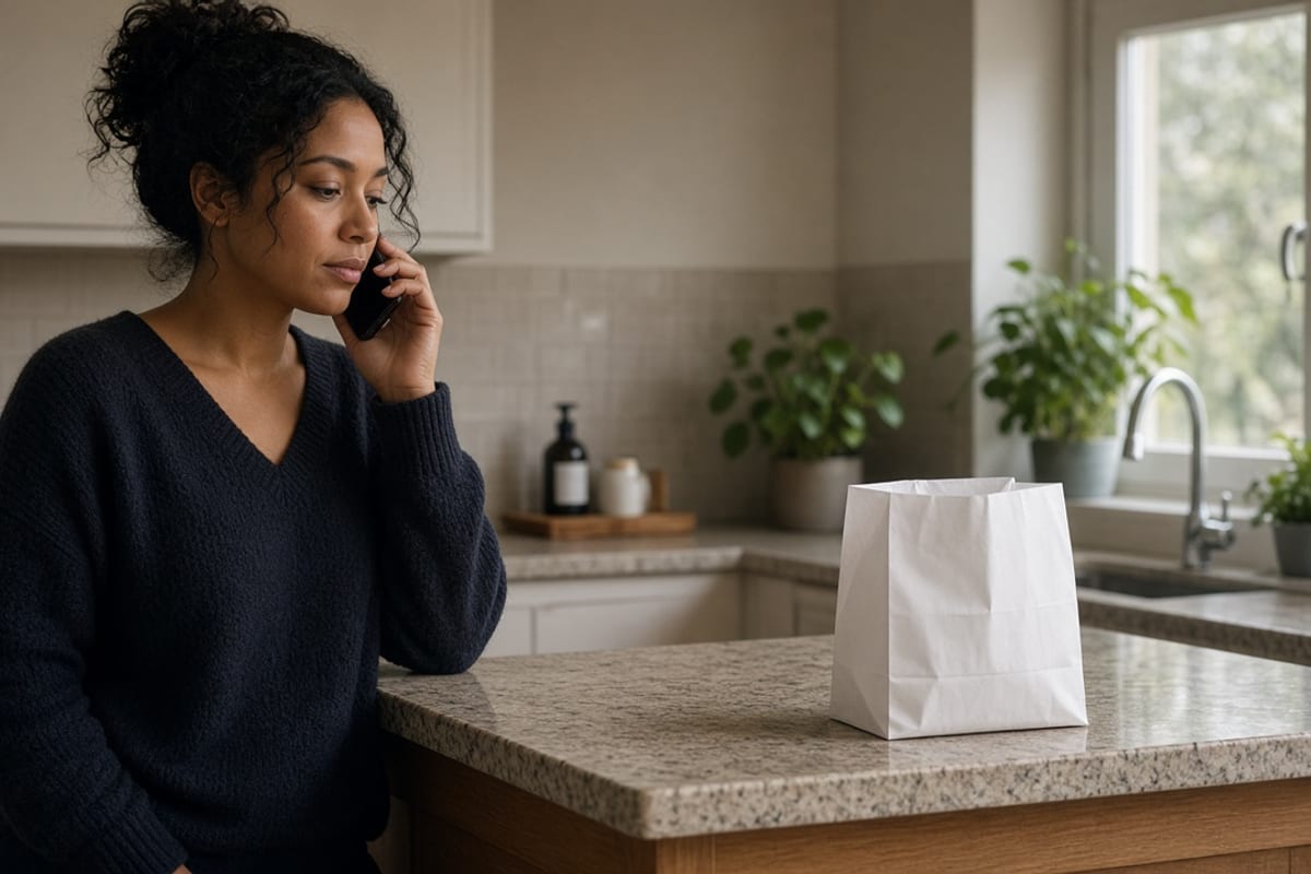Employee calling a specialty pharmacy from home beside a plain pharmacy bag