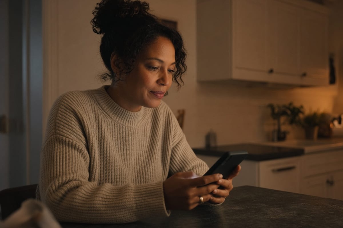 Spouse at home opening a family benefits page on a personal phone