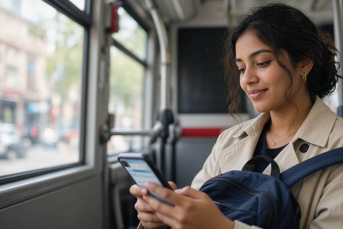 Young worker checking a savings app during a city commute