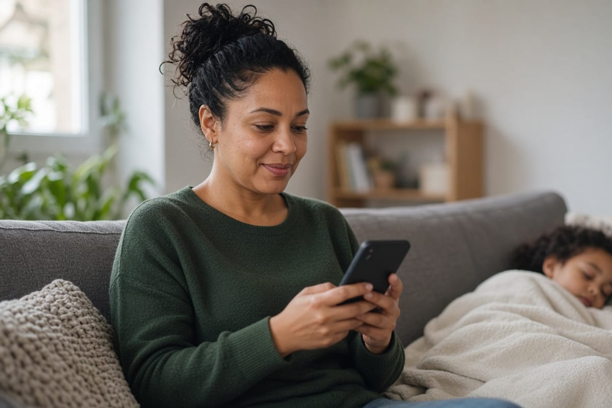 Parent on a telehealth visit at home while a child rests nearby