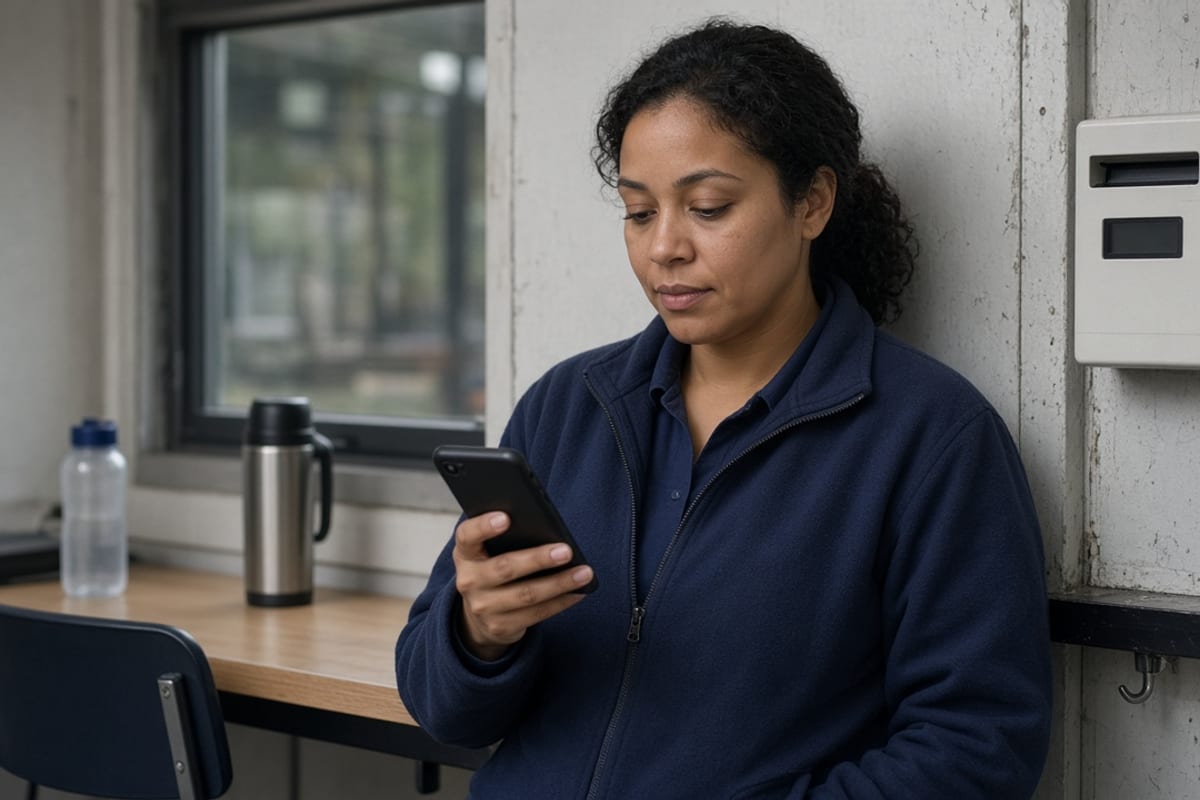 Frontline worker reading a benefits text beside a time clock