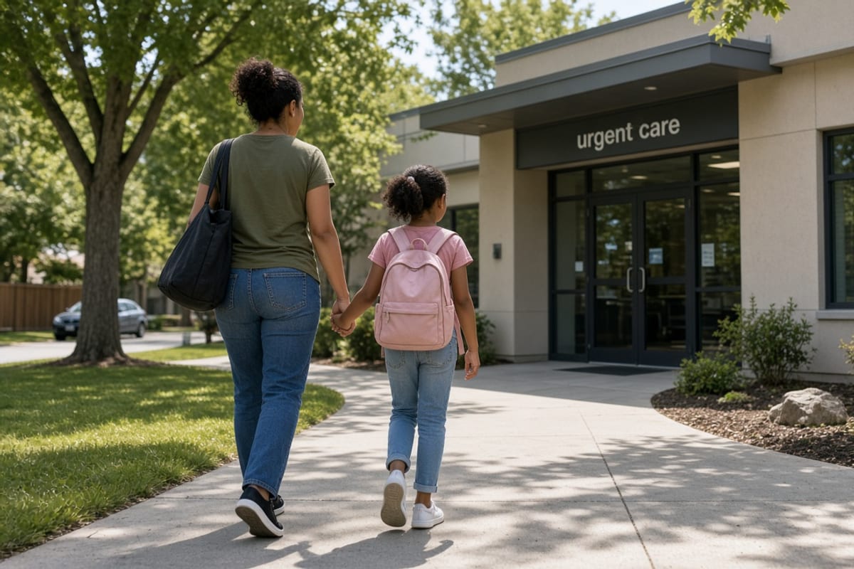 Parent walking a child into a neighborhood urgent care clinic