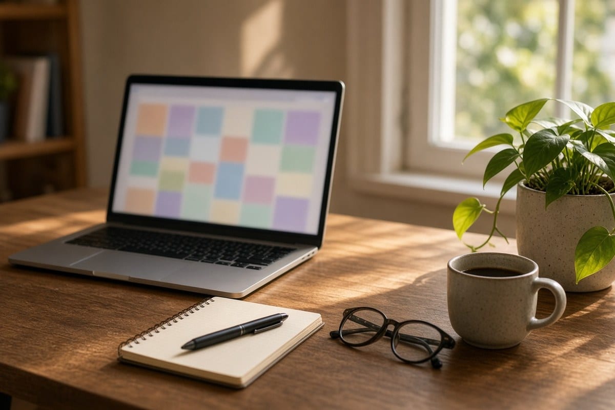 A wooden desk by a sunny window with an open laptop showing a blurred grid of pastel colored squares, a spiral notebook with a black pen, reading glasses, a ceramic mug of coffee, and a potted pothos plant.