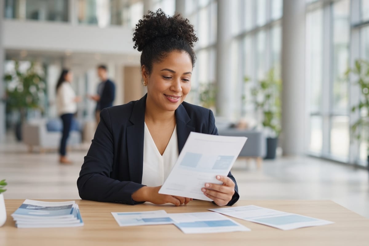 Employee choosing one voluntary benefit brochure at a workplace table