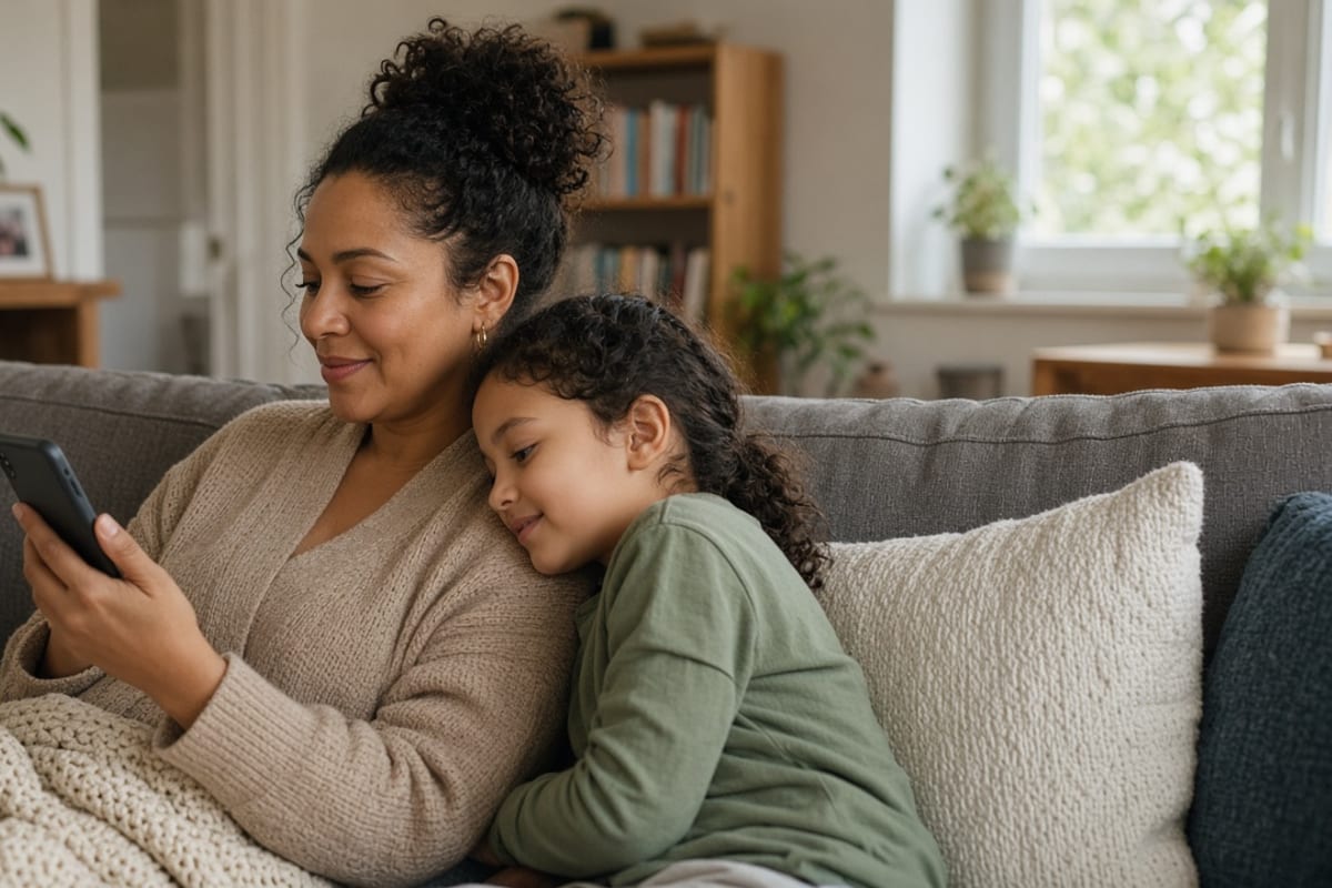 Parent reading a benefits message at home with a child nearby